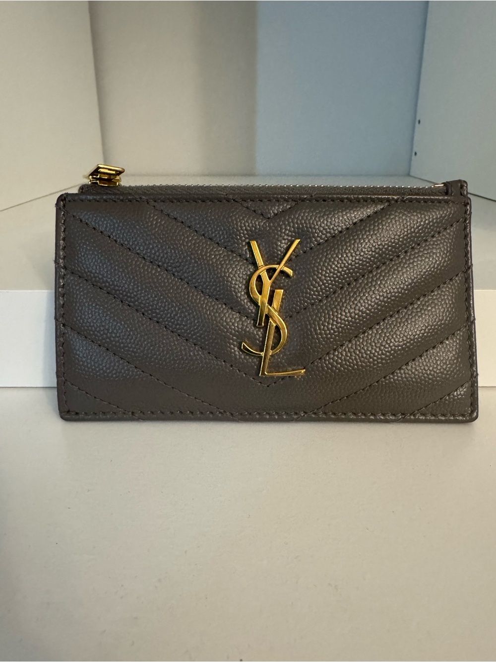 Saint Laurent Quilted Card Holder in Charcoal with Gold YSL Hardware